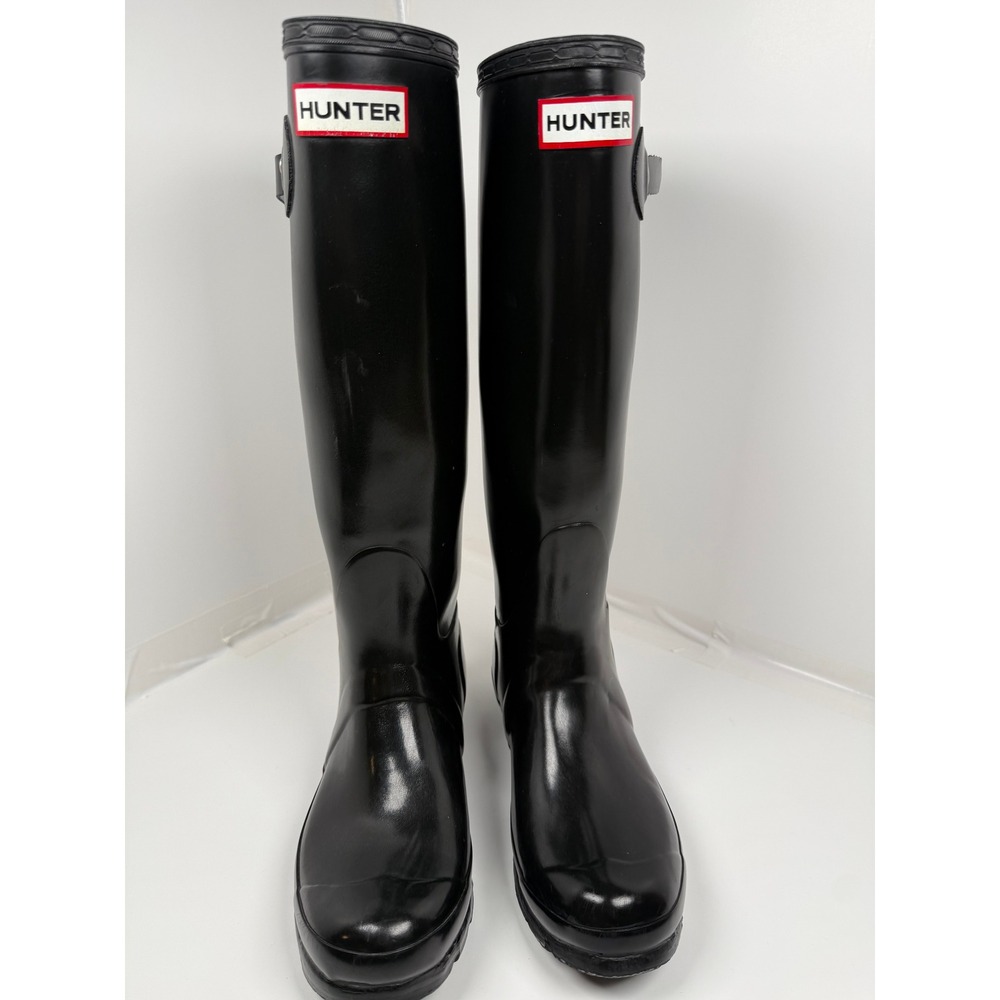 Hunter Rain Boots Womens 6 Black Original Gloss Tall Waterproof W23616 Buckle